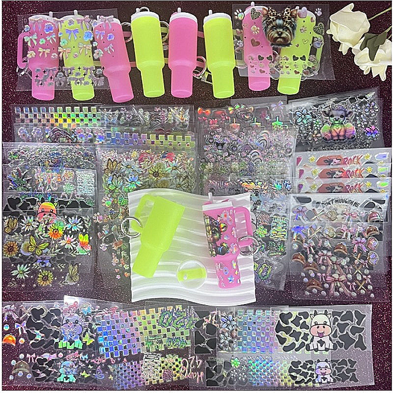 Wholesale random 10pcs/20pcs/50pcs Holographic Stickers Mini Travel  Cup Sticker laser wraps+Luminous mini tumbler keychain