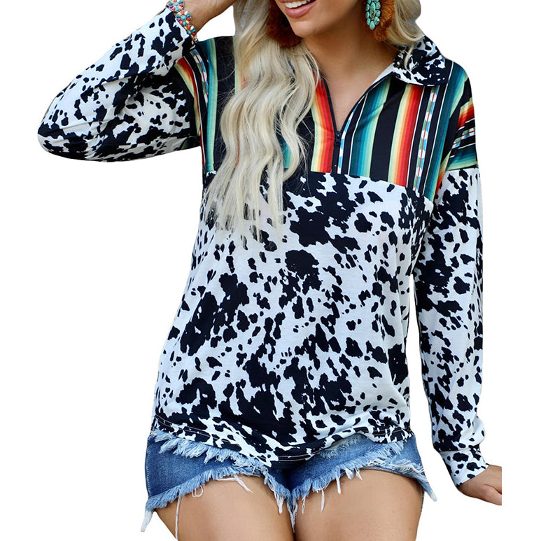 Wholesale Autumn and Winter New Cow Pattern Aztec Polyester Striped Sweater Loose Long Sleeved Rainbow Striped Pullover
