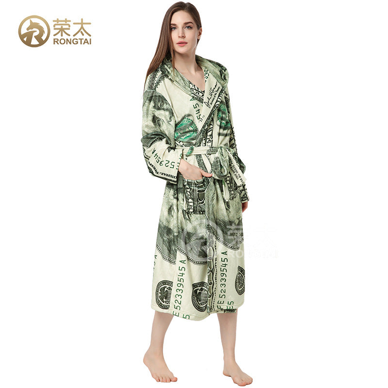 Wholesale US Dollar Printed Couple Hooded Flannel Bathrobe Personalized Pajamas