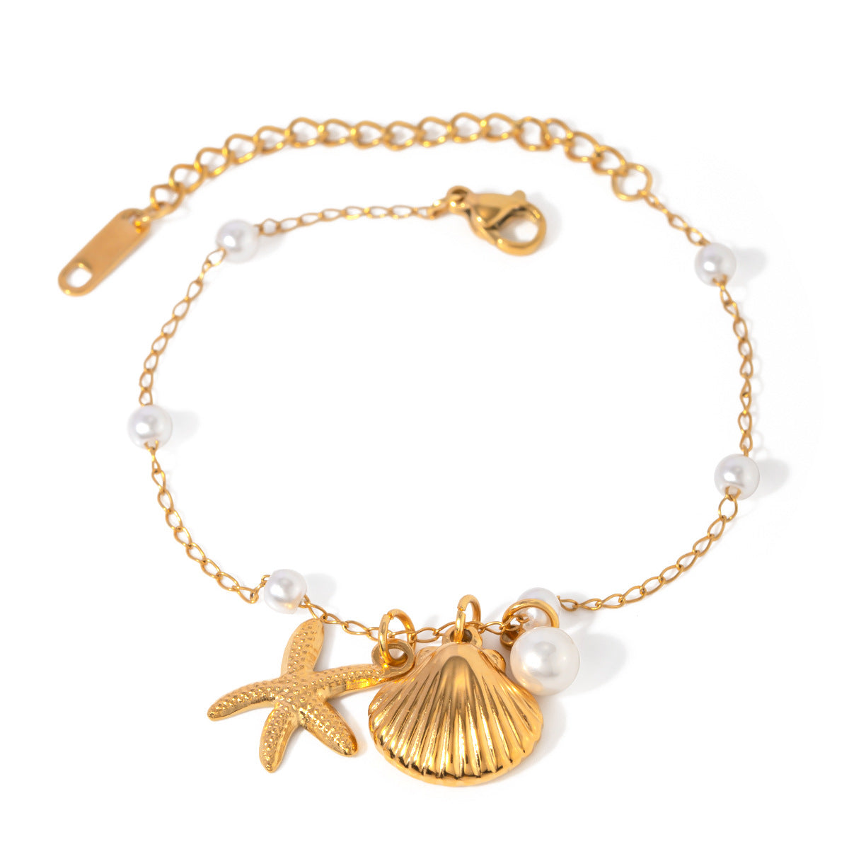 Wholesale 18k Gold Stainless Steel Pearl Chain Shell Starfish Pendant Bracelet