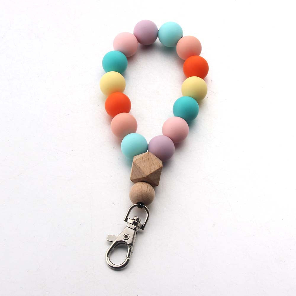 Wholesale Keychain Beech Wood Beads Metal Silicone Bracelet Key Ring