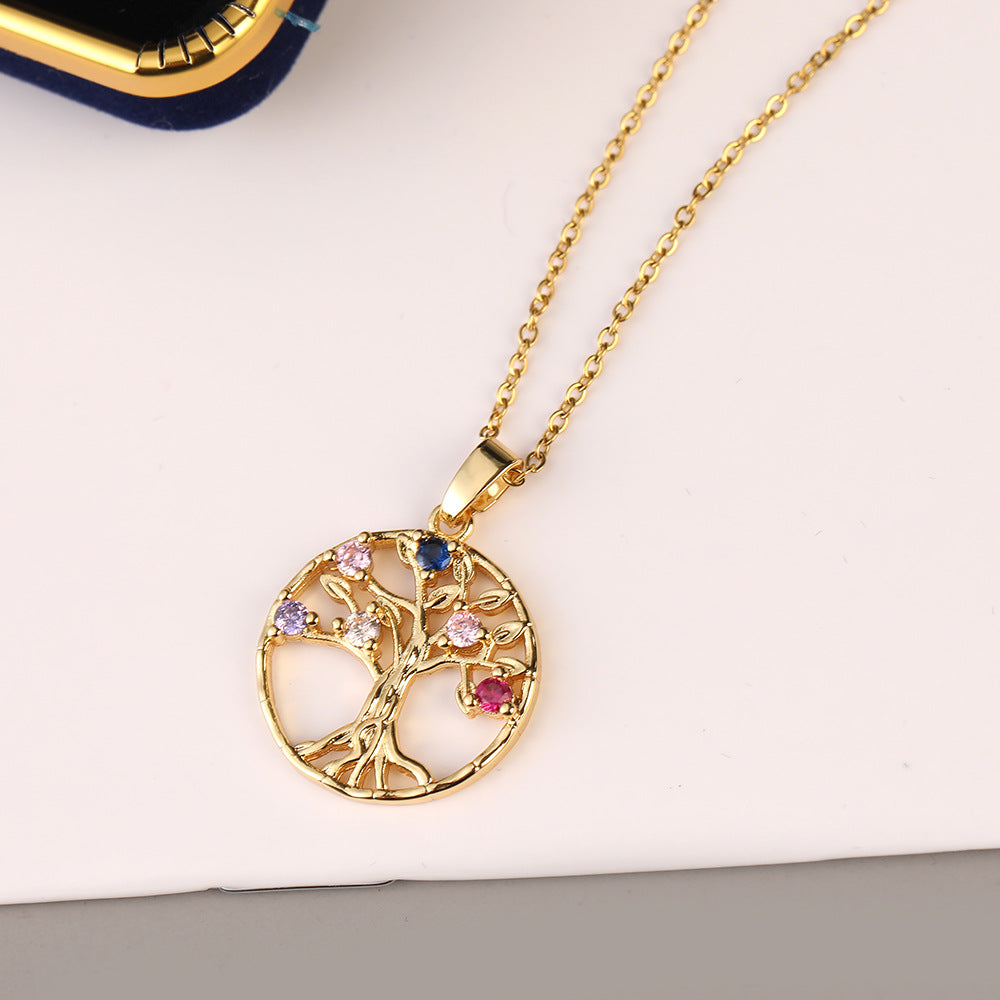 Wholesale Micropaved Zircon Tree of Life Hollow Pendant Necklaces