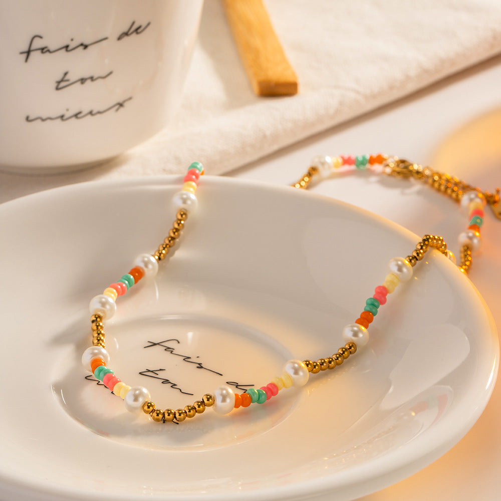 Wholesale 18k Gold Stainless Steel Colorful Beads Glass Pearl Beading Necklaces