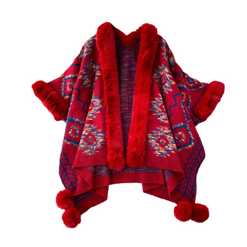 Wholesale Western Style Leopard Print Fur Collar Polyester Jacket Loose Mid-length Jacquard Knitted Cardigan