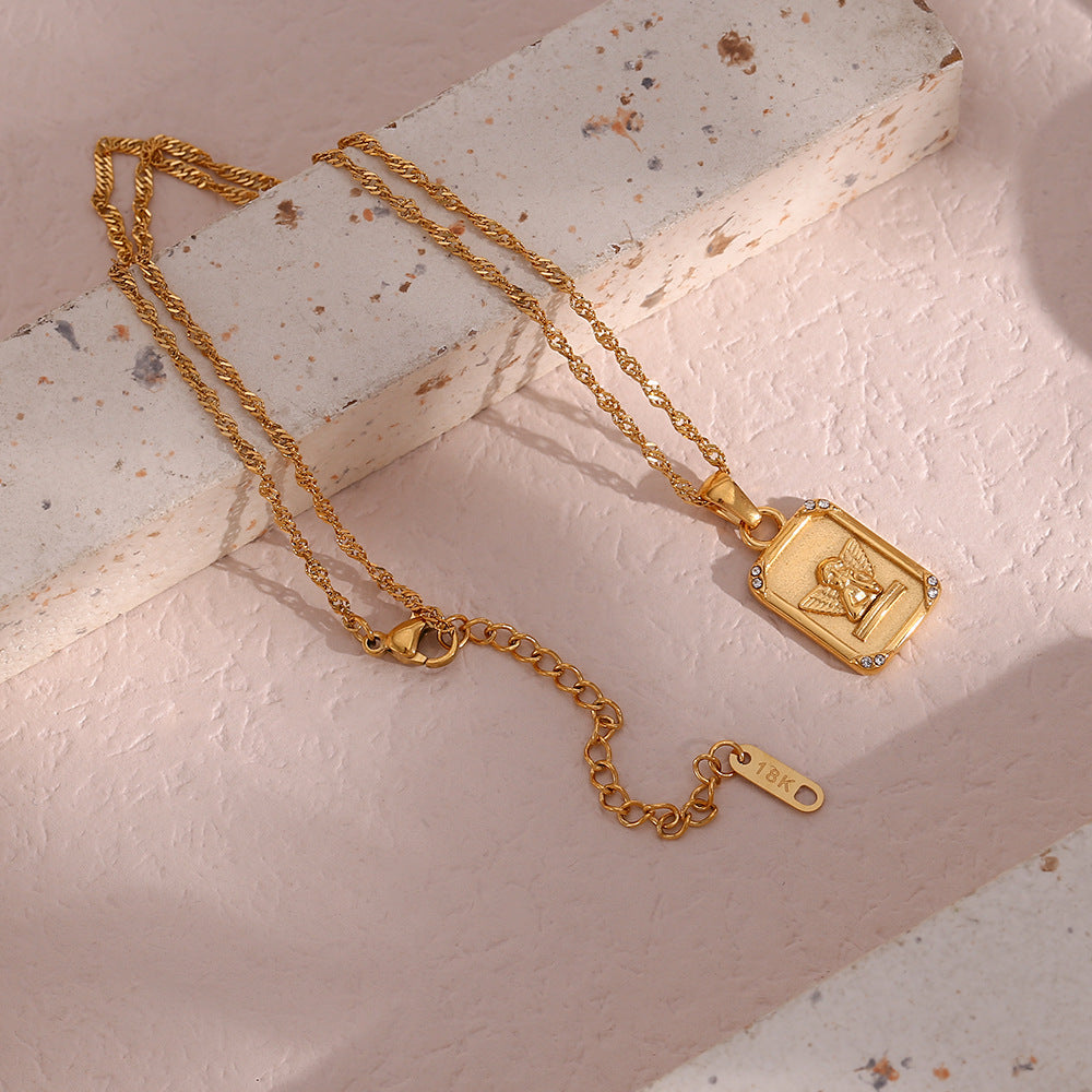 Wholesale Stainless Steel Square Zircon Angel Square Necklace