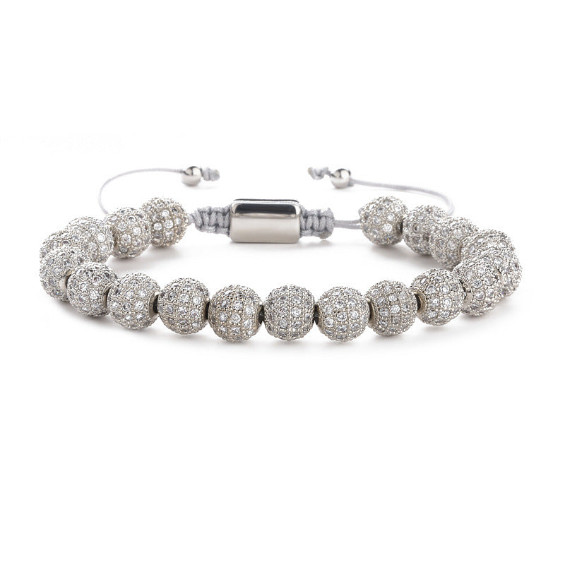 Wholesale Crown 8mm Micropaved Zirconia Gold Diamond Ball Copper Bead Braided Bracelet