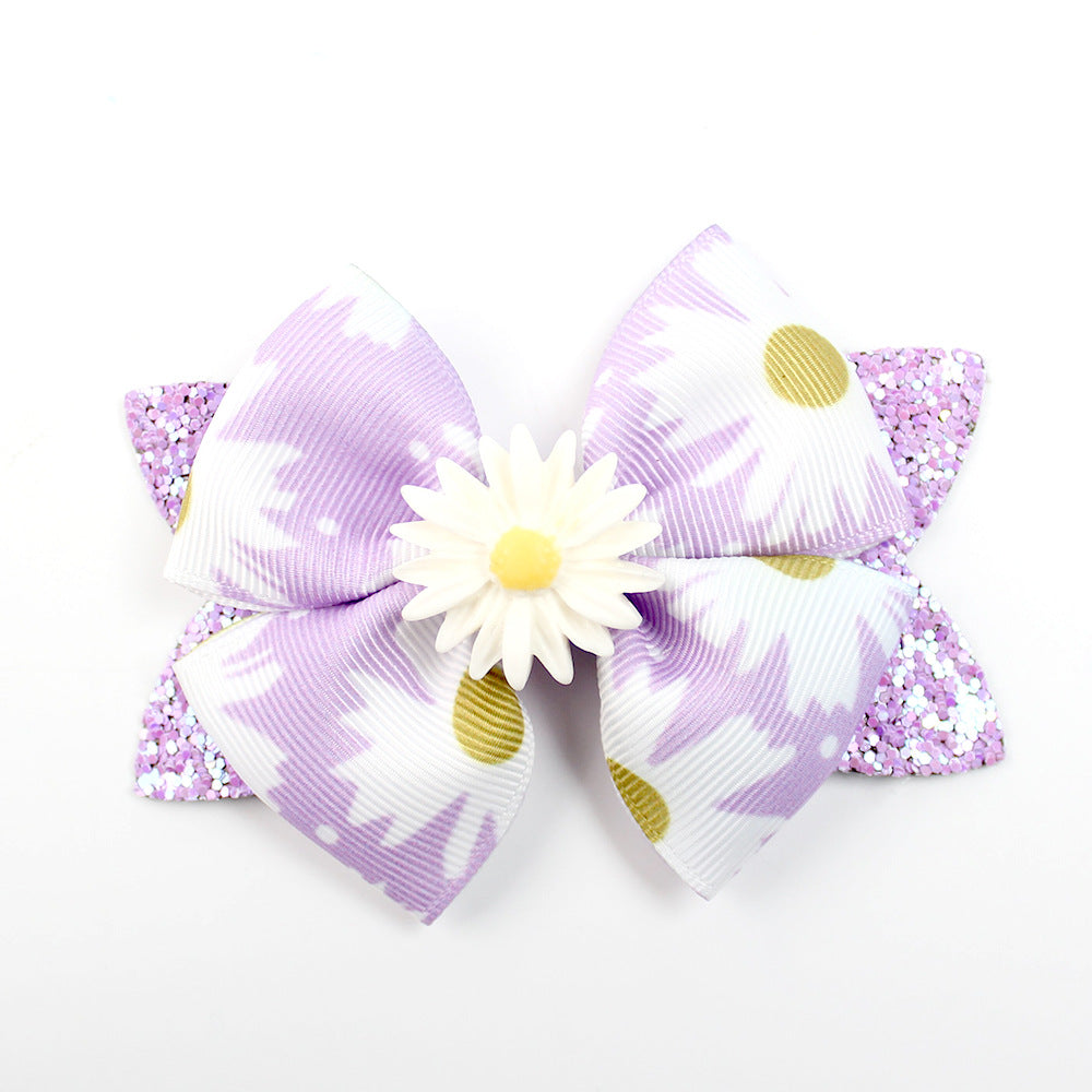Wholesale 5pcs Shiny Boutique Bow Daisy Sunflower Print Hair Clip
