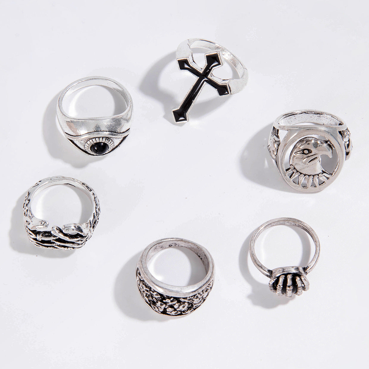 Wholesale Punk style cross skull ring set