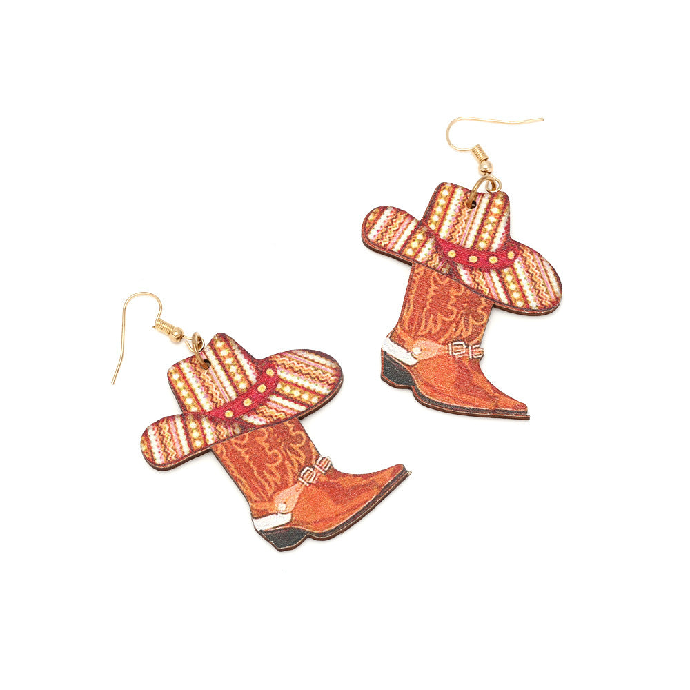 Wholesale Cowboy Hat Boots Wooden Earrings