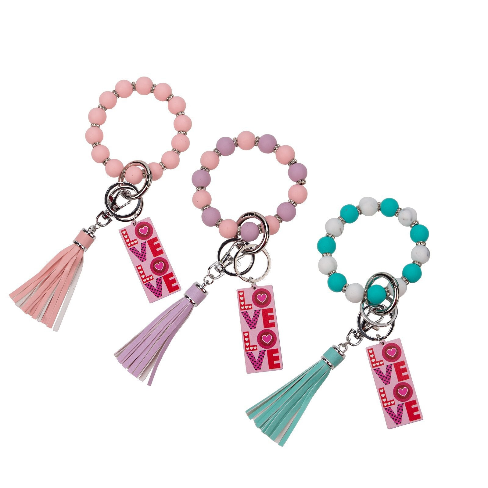 Wholesale Valentine's Day LOVE Colorful Love Wood Silicone Beaded Wrist Keychain