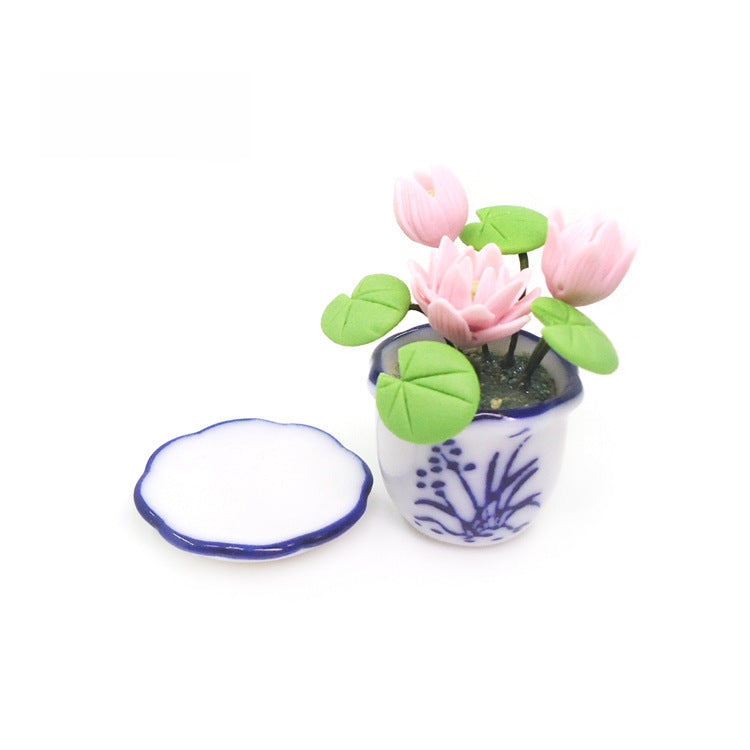 Wholesale 1:12 doll house accessories dollhouse mini craft flower bonsai clay flower ceramic pot Lotus Lotus model