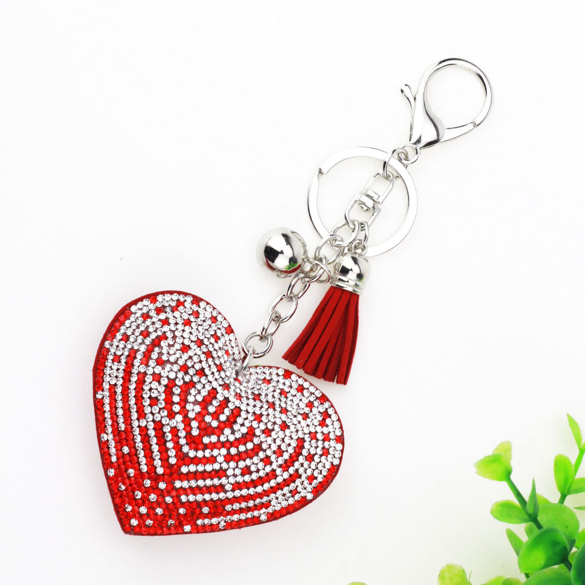 Wholesale Peach Heart Leather Fashion Flannelette Rhinestone Tassel Keychain