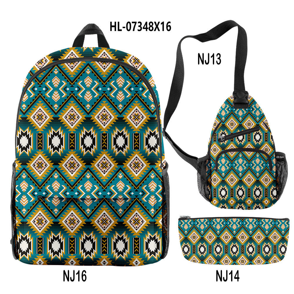 Wholesale Oxford Fabric Aztec Pattern Backpack Shoulder Bag Pencil Case Set