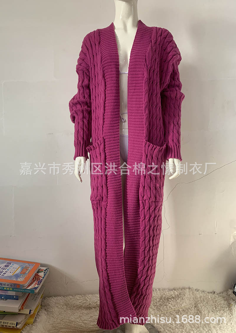 Wholesale Long Knitted Sweater Jacket Cardigan Pocket Long Sweater Thickened Jacket