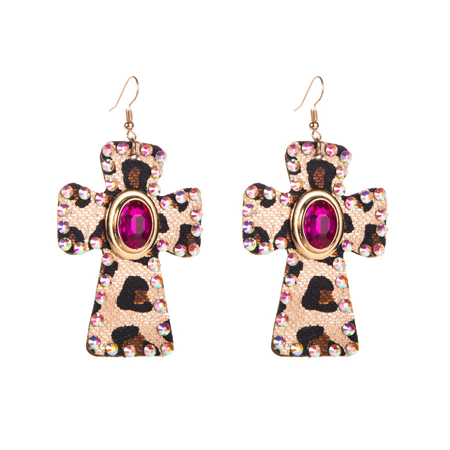 Wholesale Diamond Cross Leopard Print Leather Earrings