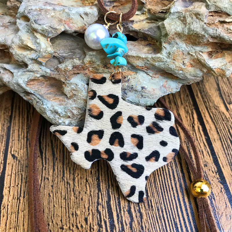 Wholesale 3pcs/pack Western Style Cow Pattern Cow Head Texas Map Leopard Print Turquoise Imitation Pearl Cowhide Leather Necklace