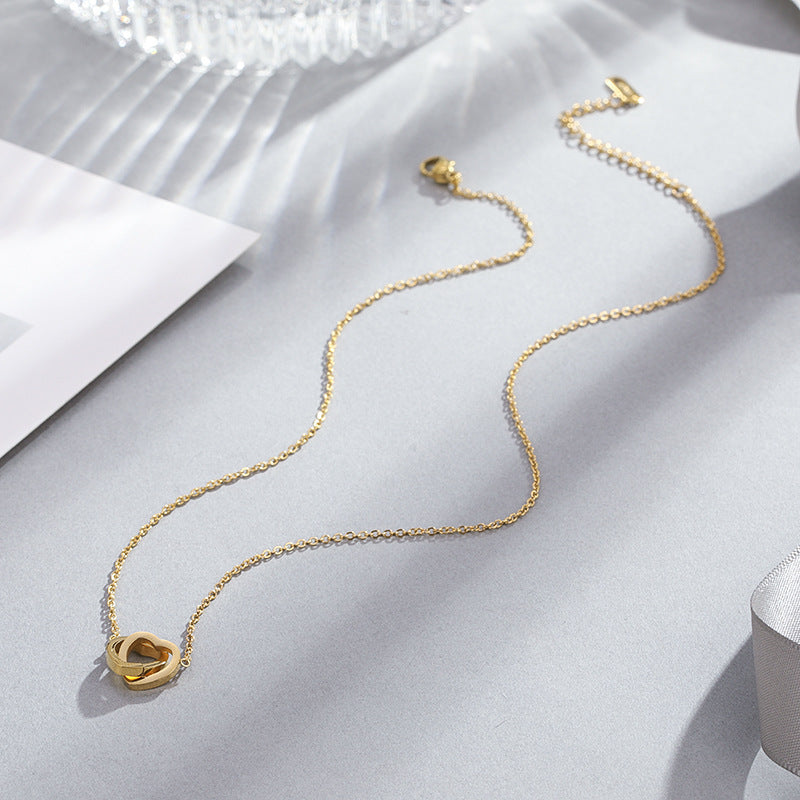 Wholesale Titanium Steel Gold Love Double Ring Necklace Clavicle Chain