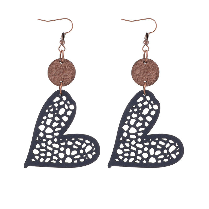 Wholesale Fashion Valentine's Day Heart Wood Hollow Mesh Leather Earrings