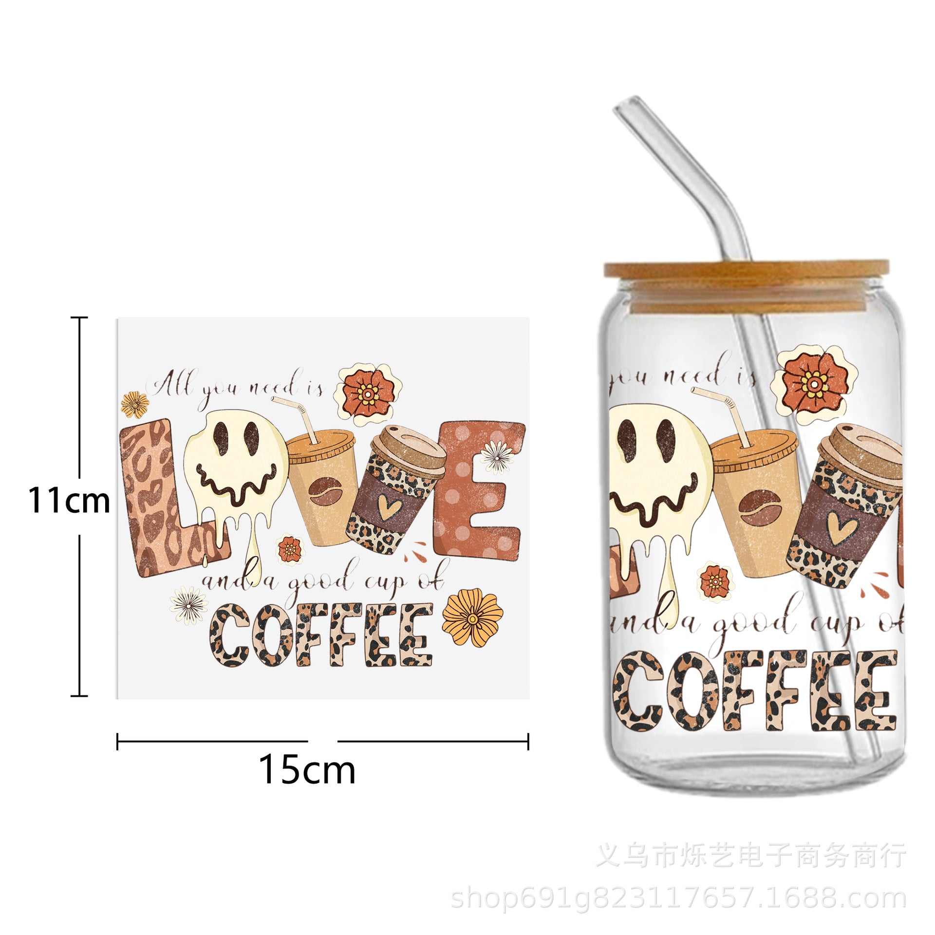 Wholesale Cute Smiley Flower Series Printing UV DTF Transfer Crystal Cup Sticker