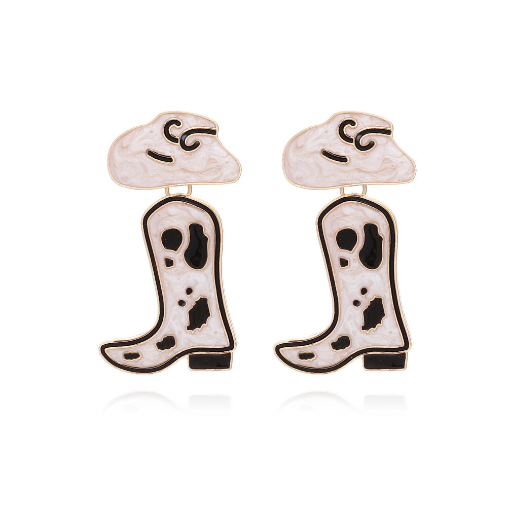Wholesale Drip Oil Western Cowboy Boots Cow Pattern Hat Alloy Earrings