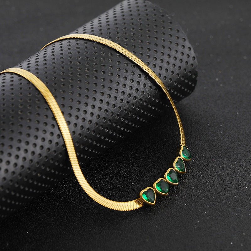 Wholesale Heart Green Zircon Titanium Steel Necklaces