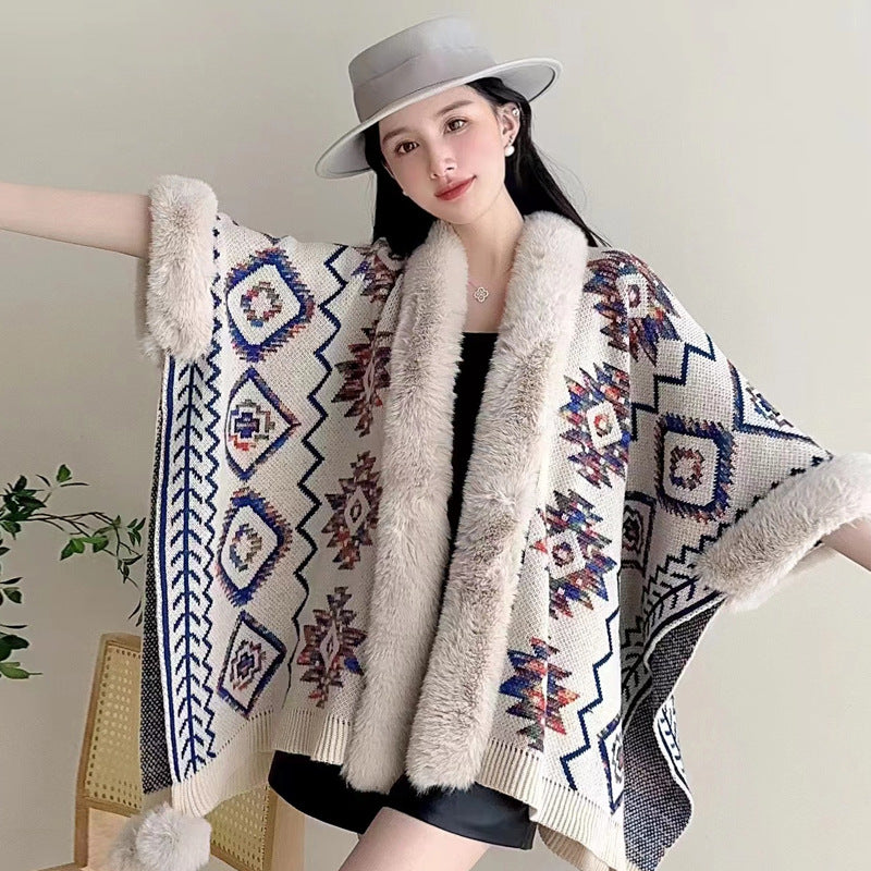Wholesale Western Style Aztec Fur Ball Shawl Polyester Silk Cape Cape Cardigan Jacket
