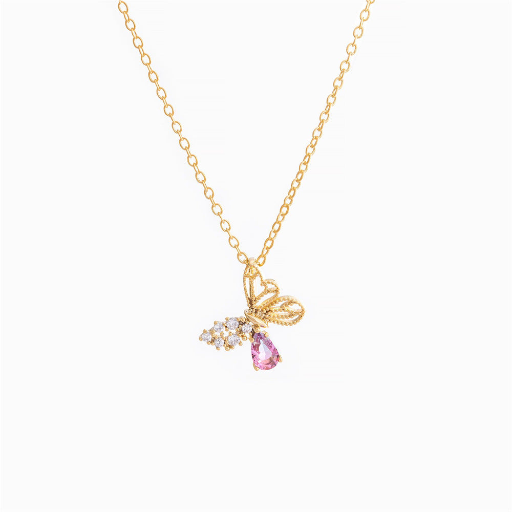 Wholesale Pink Hollow Zircon Butterfly Necklaces