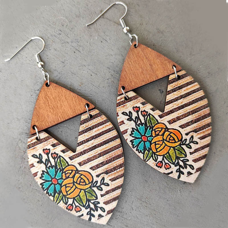 Wholesale 2 Pairs/pack Bohemian Western Style Sunflower Striped Floral Wooden Earrings