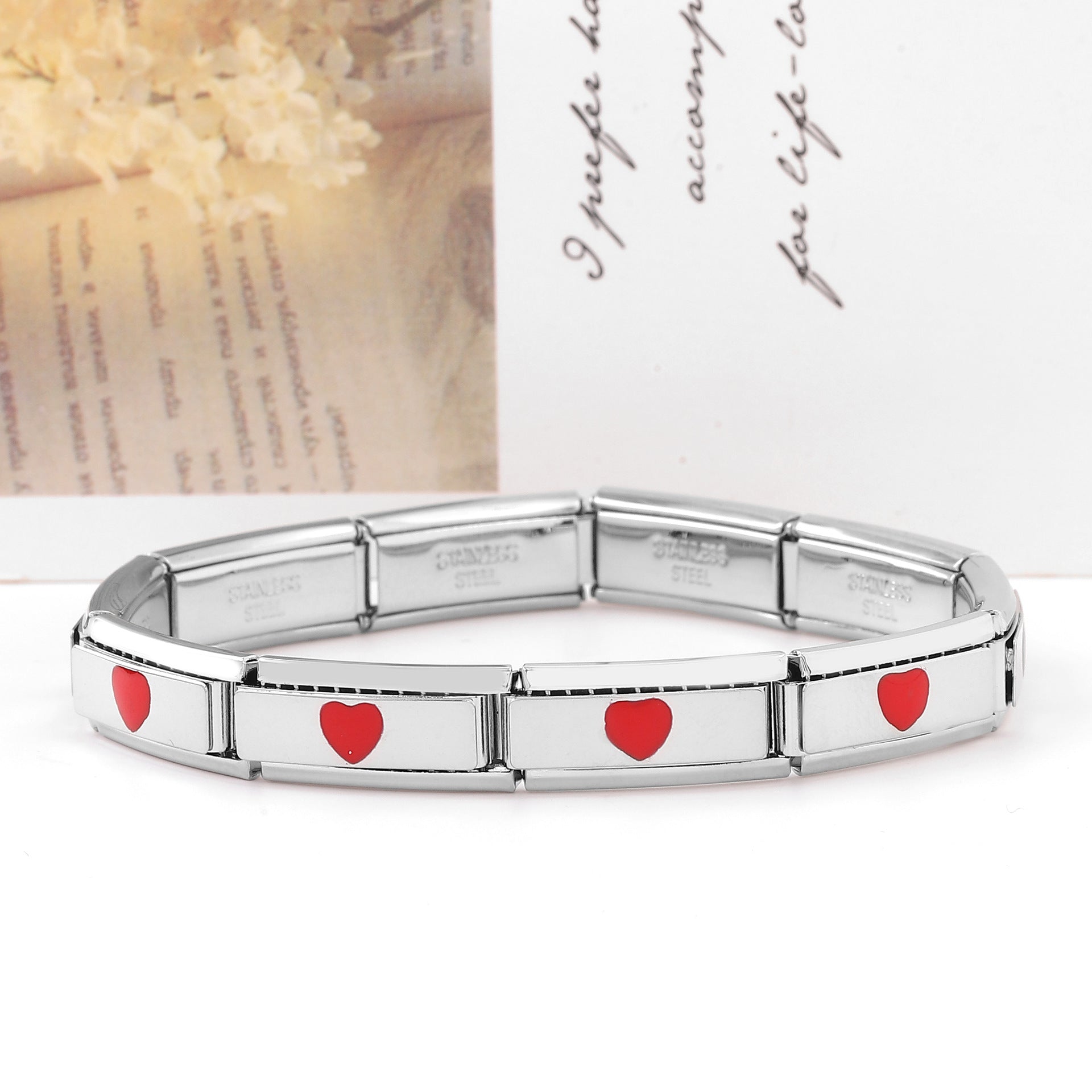 Wholesale Italian Charm Bracelet Stainless Steel Double Piece Red Heart Petal Colored Bracelet Accessories Charms