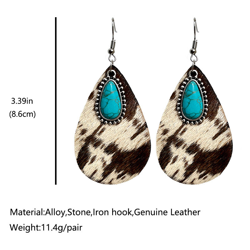 Wholesale Western Teardrop Turquoise Vintage Cow Pattern Leopard Print Earrings