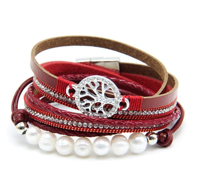 Wholesale Life Tree Cowhide Pearl Magnetic Buckle Bracelet