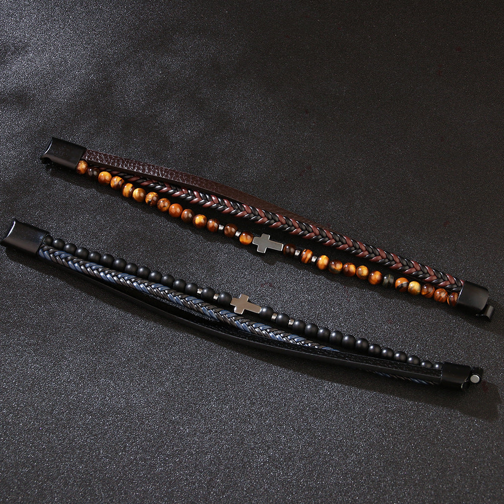 Wholesale Cross Hematite Frosted Stone Braided Bracelet