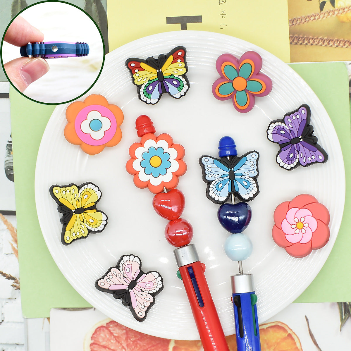 Wholesale  Random 100pcs/pack    Butterfly Flower Pen Decoration with Detachable Beads