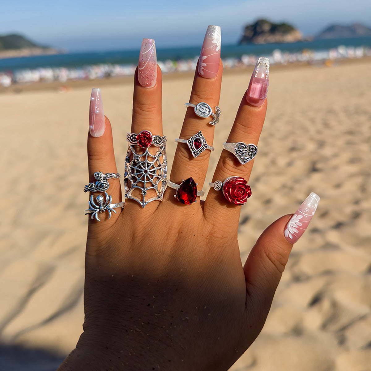 Wholesale Punk style dark heart-shaped inlaid red rose ring set