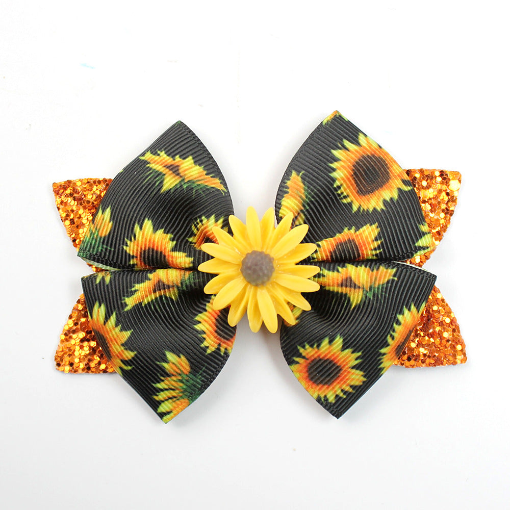 Wholesale 5pcs Shiny Boutique Bow Daisy Sunflower Print Hair Clip