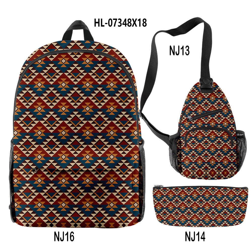 Wholesale Oxford Fabric Aztec Pattern Backpack Shoulder Bag Pencil Case Set