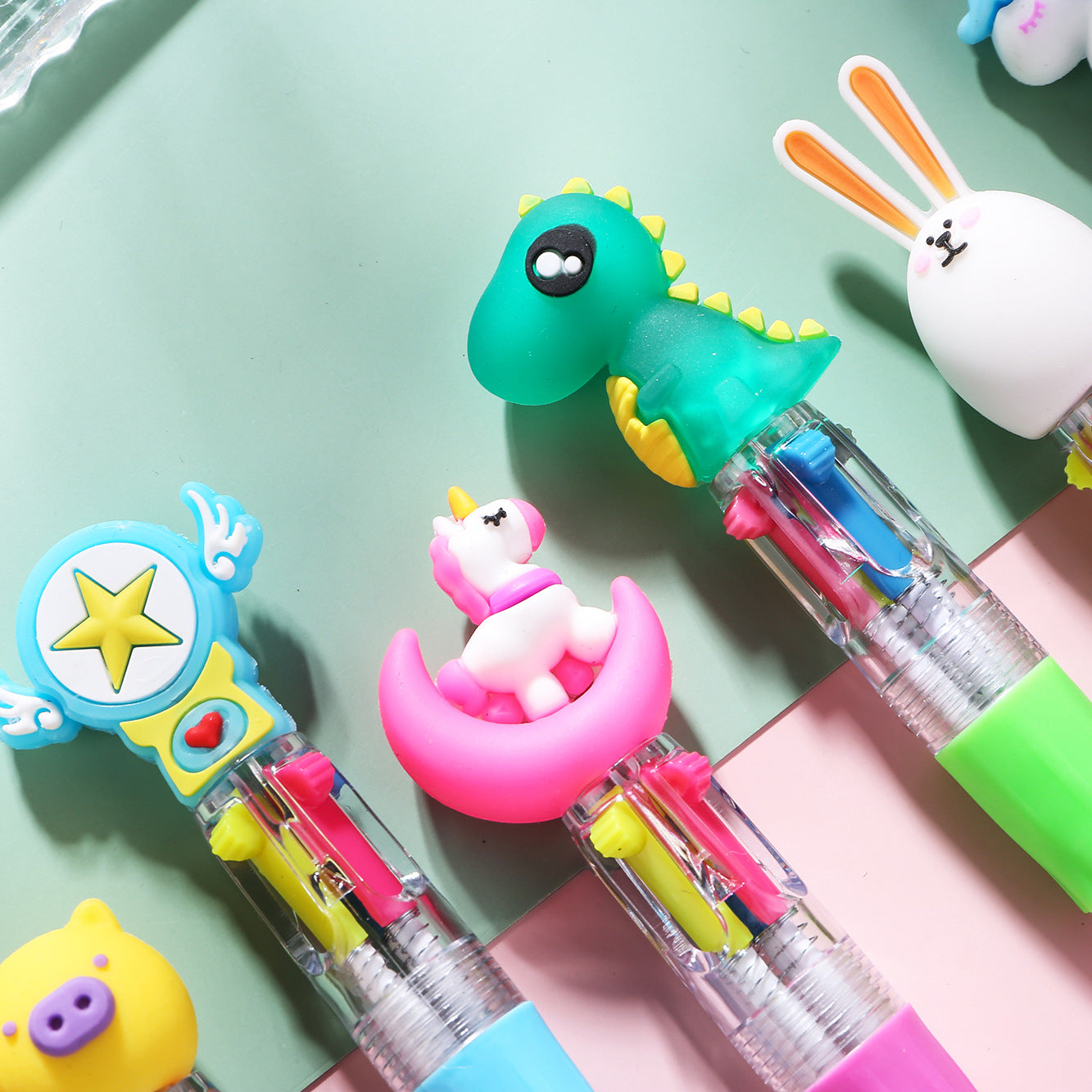 Wholesale Cartoon Cute Head Color Pushing Mini Four Color Plastic Ballpoint Pen