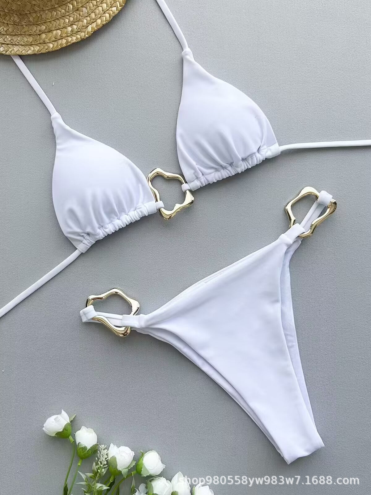 Wholesale Hanging Neck Bikini Swimsuit Chest Push-up Sexy Metal Buckle Triangle Women's Solid Color Split Swimsuit