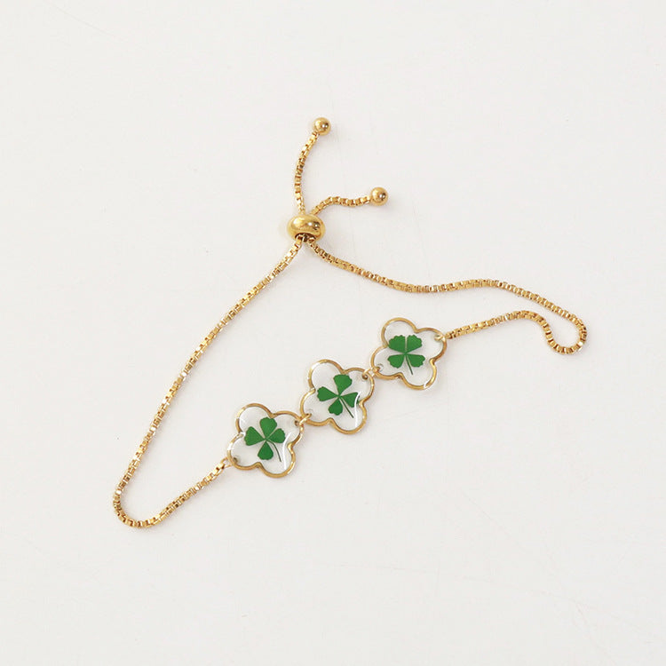 Wholesale 6pcs Four Leaf Clover Gold Plated Stainless Steel Bracelet