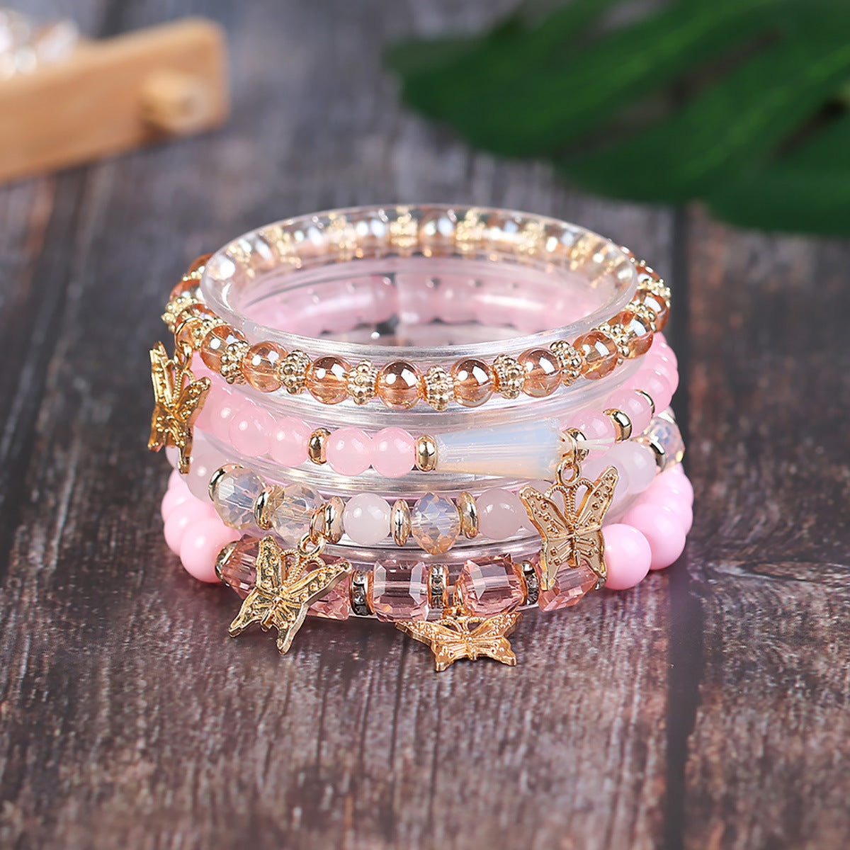 Wholesale Four Layer Butterfly Pendant Glass Elastic Bracelet