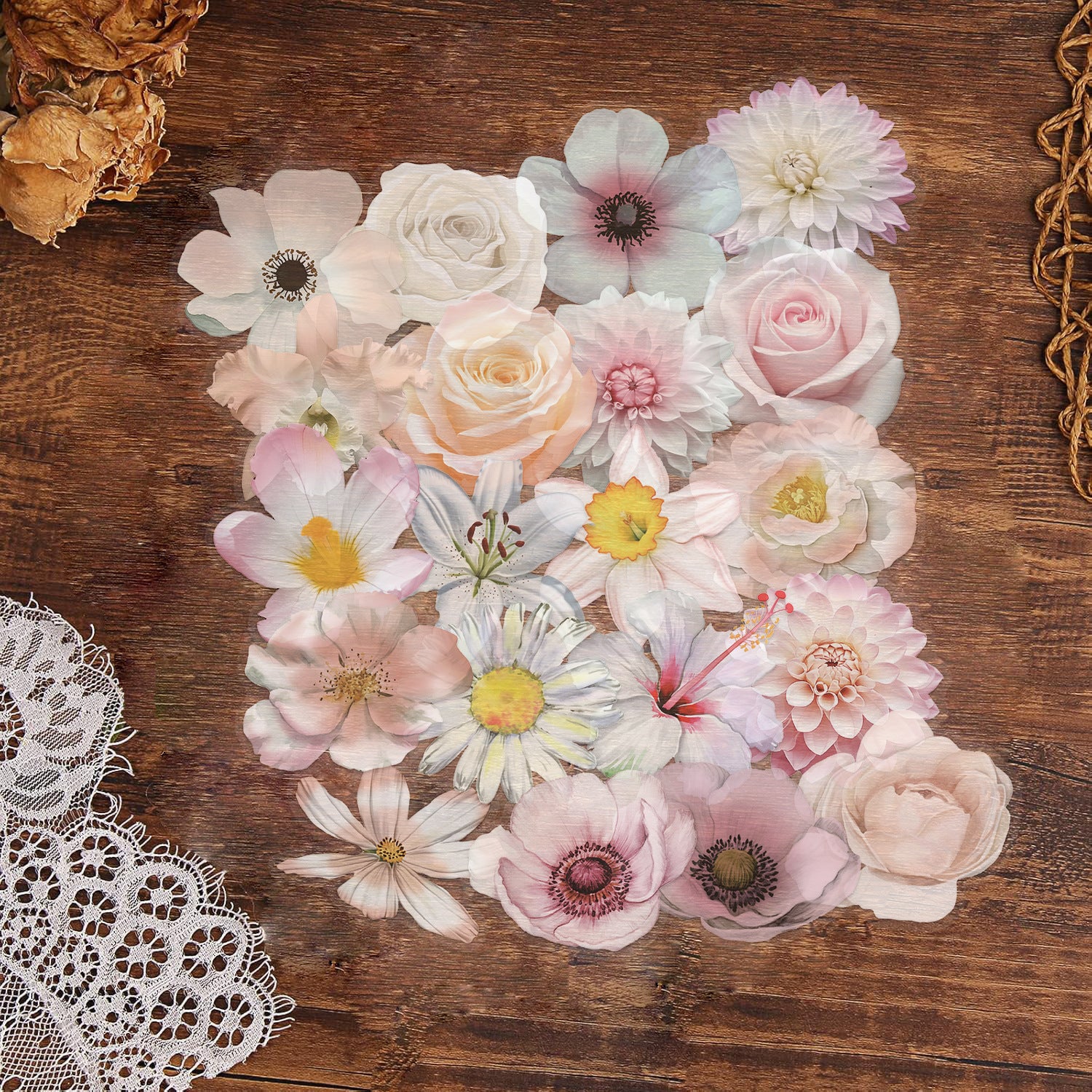 Wholesale 50pcs/pack Transparent Ins Pink Flower Stickers Waterproof Transparent Pet Handbook Material Decoration Guitar Cross-Border