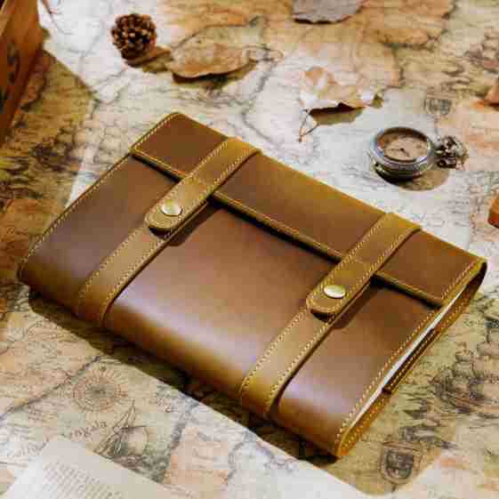 Wholesale A5 Fixed Page First Layer Cowhide Retro Snap Button with Card Slot Inside Notebook