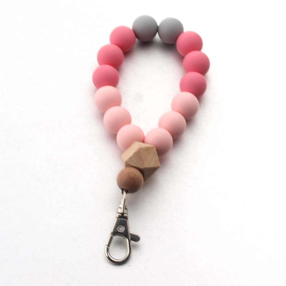 Wholesale Keychain Beech Wood Beads Metal Silicone Bracelet Key Ring