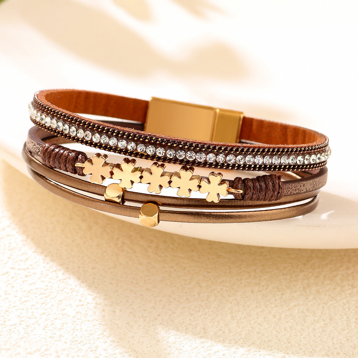 Wholesale Bohemian Four-Leaf Clover Diamond Layered Leather Magnetic Clover Bracelet