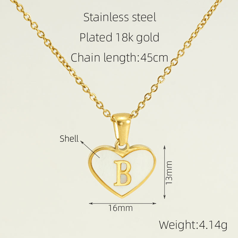 Wholesale 26 English Letters Love Heart Inlaid with Shell Stainless Steel Necklace