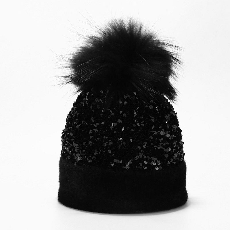 Wholesale Dyed Raccoon Fur Ball Sequin Warm Knitted Hat