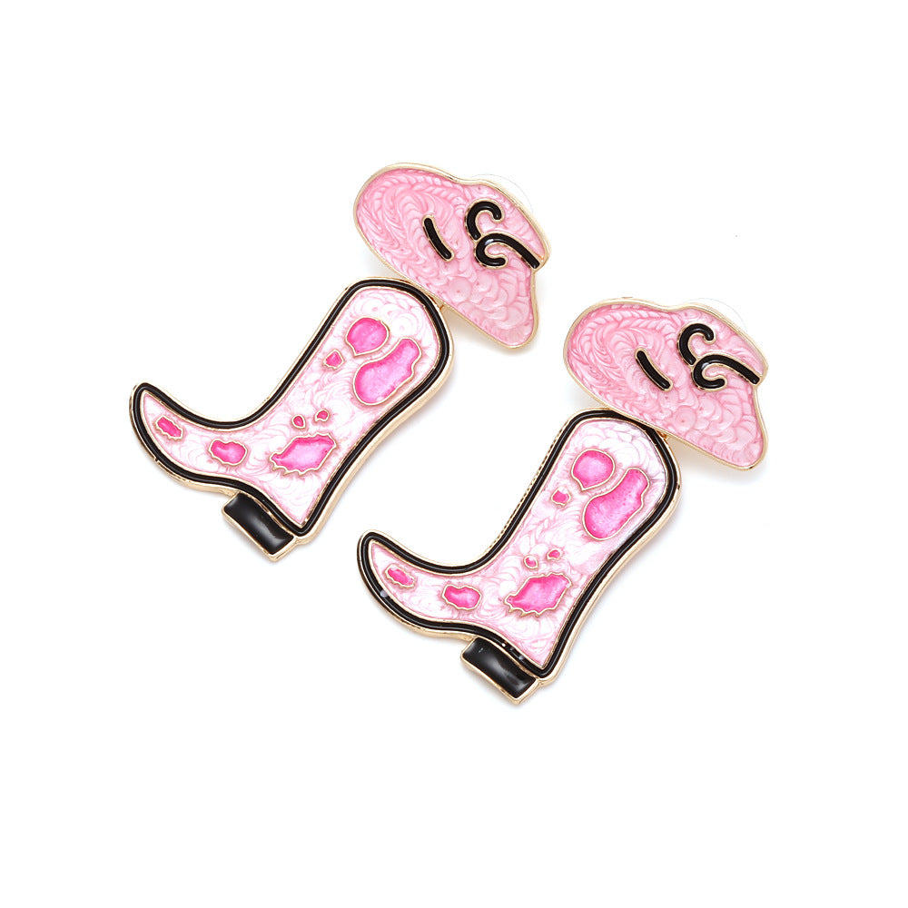 Wholesale Drip Oil Western Cowboy Boots Cow Pattern Hat Alloy Earrings