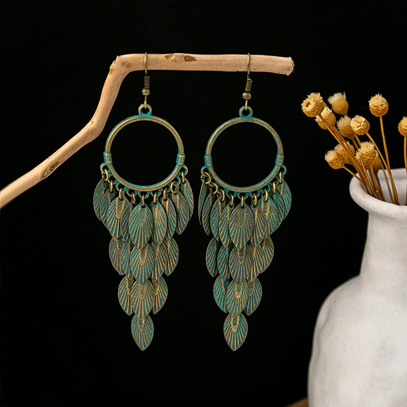 Wholesale Turquoise Bohemian Owl Dream Catcher Feather Alloy Earrings