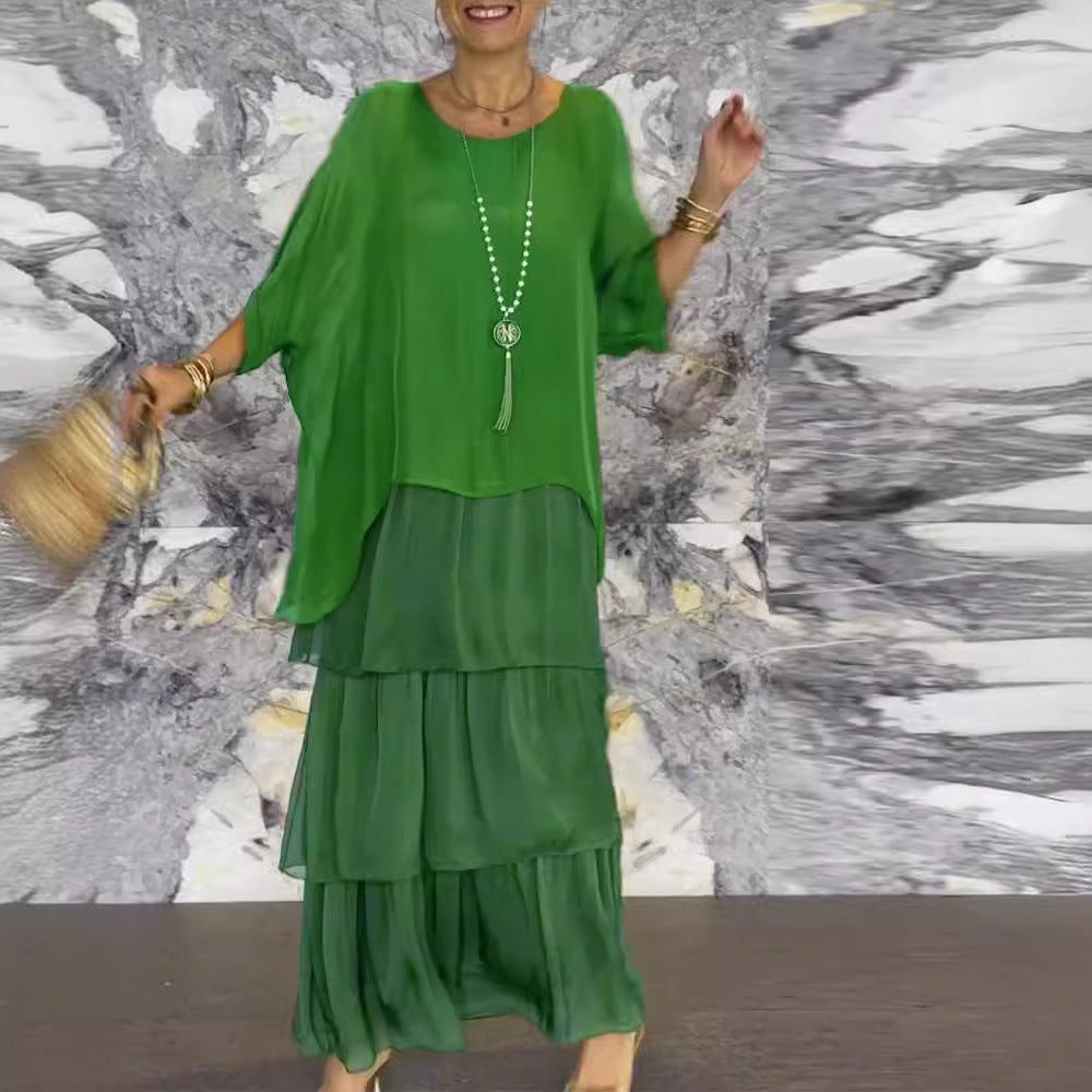 Wholesale fashion new chiffon mesh batwing sleeve round neck long dress