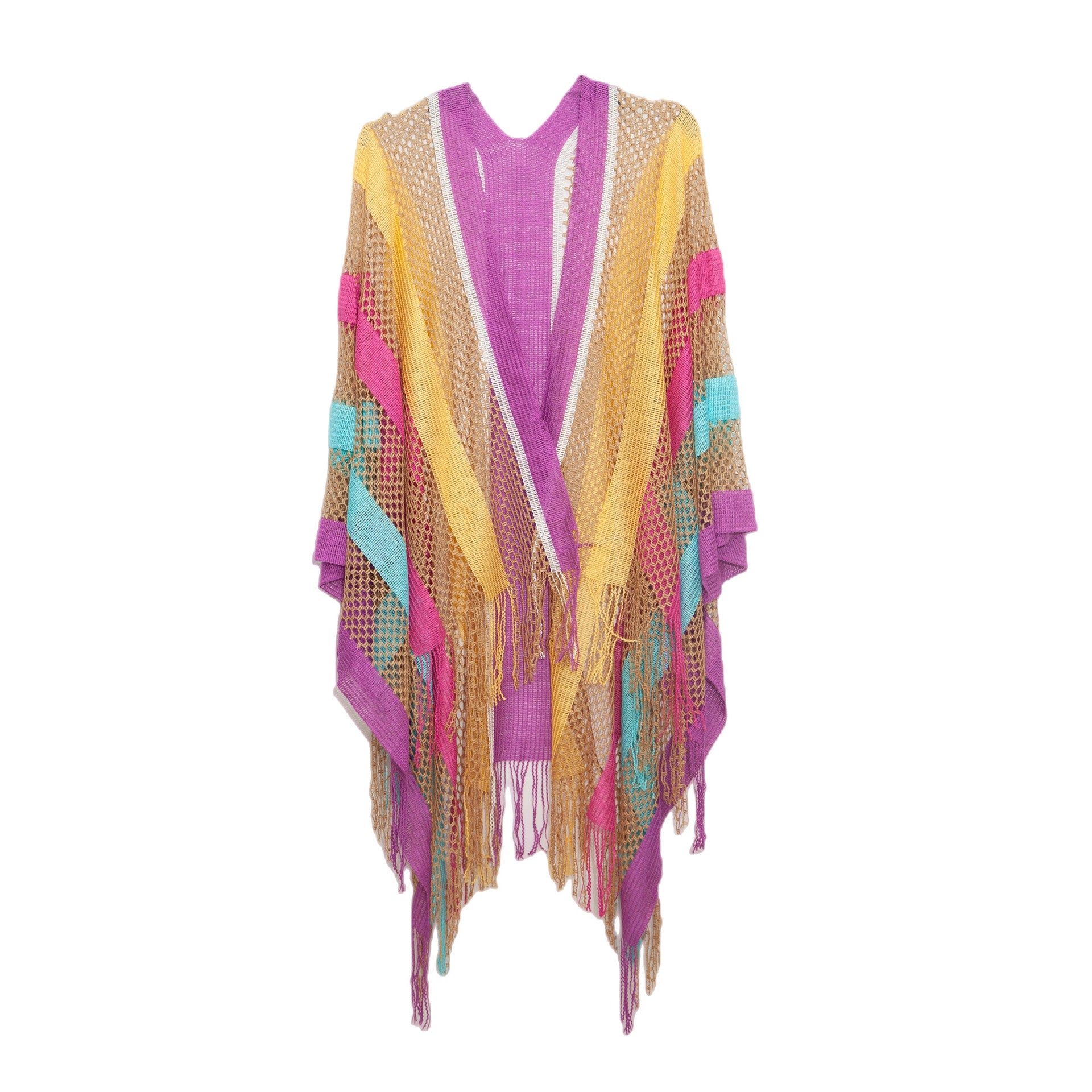 Wholesale Ladies Travel Ethnic Wind Rainbow Stripes Summer Sunscreen Thin Hollow Shawl
